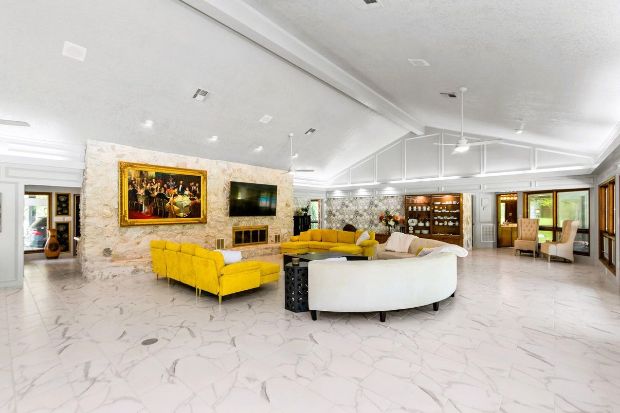 Fireplace, Interior, Living room, Marble, Recessed Lighting, Stone Walls