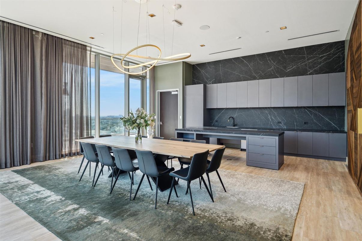 Dining room, Interior, Kitchen, Marble Walls, Pendant Lights, Recessed Lighting, Wood Texture Flooring