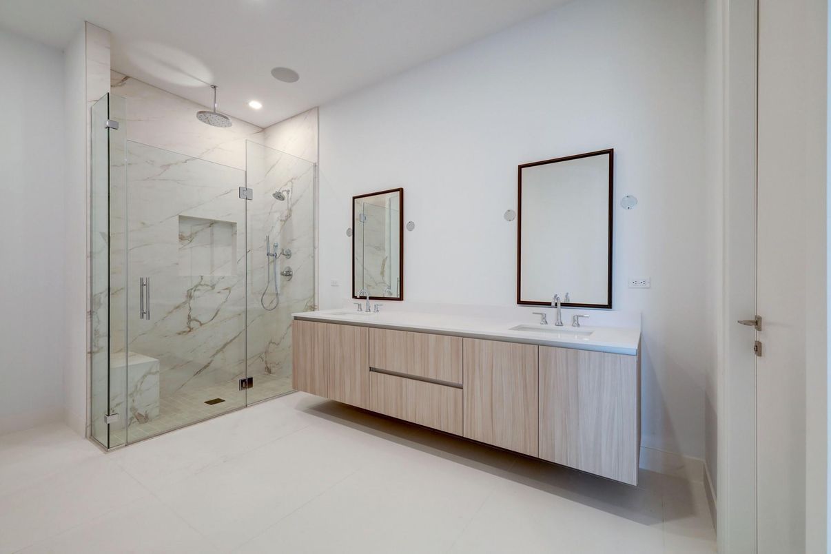Bathroom, Dual Sink Vanities, Glass Shower, Interior, Marble Walls, Recessed Lighting