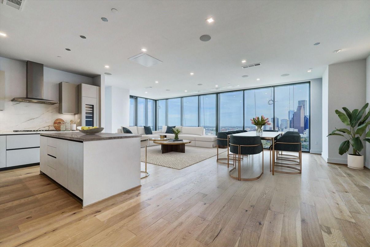 Dining room, Interior, Kitchen, Living room, Recessed Lighting, Stainless Steel Appliances, Wood Texture Flooring