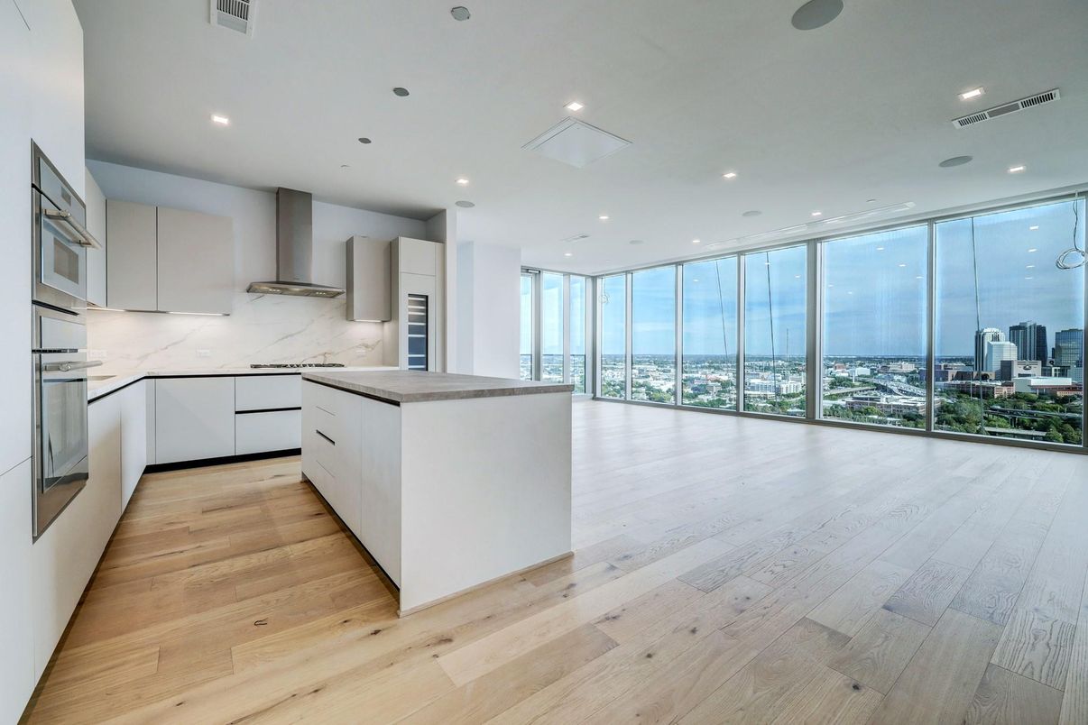 Interior, Kitchen, Marble Walls, Recessed Lighting, Wood Texture Flooring