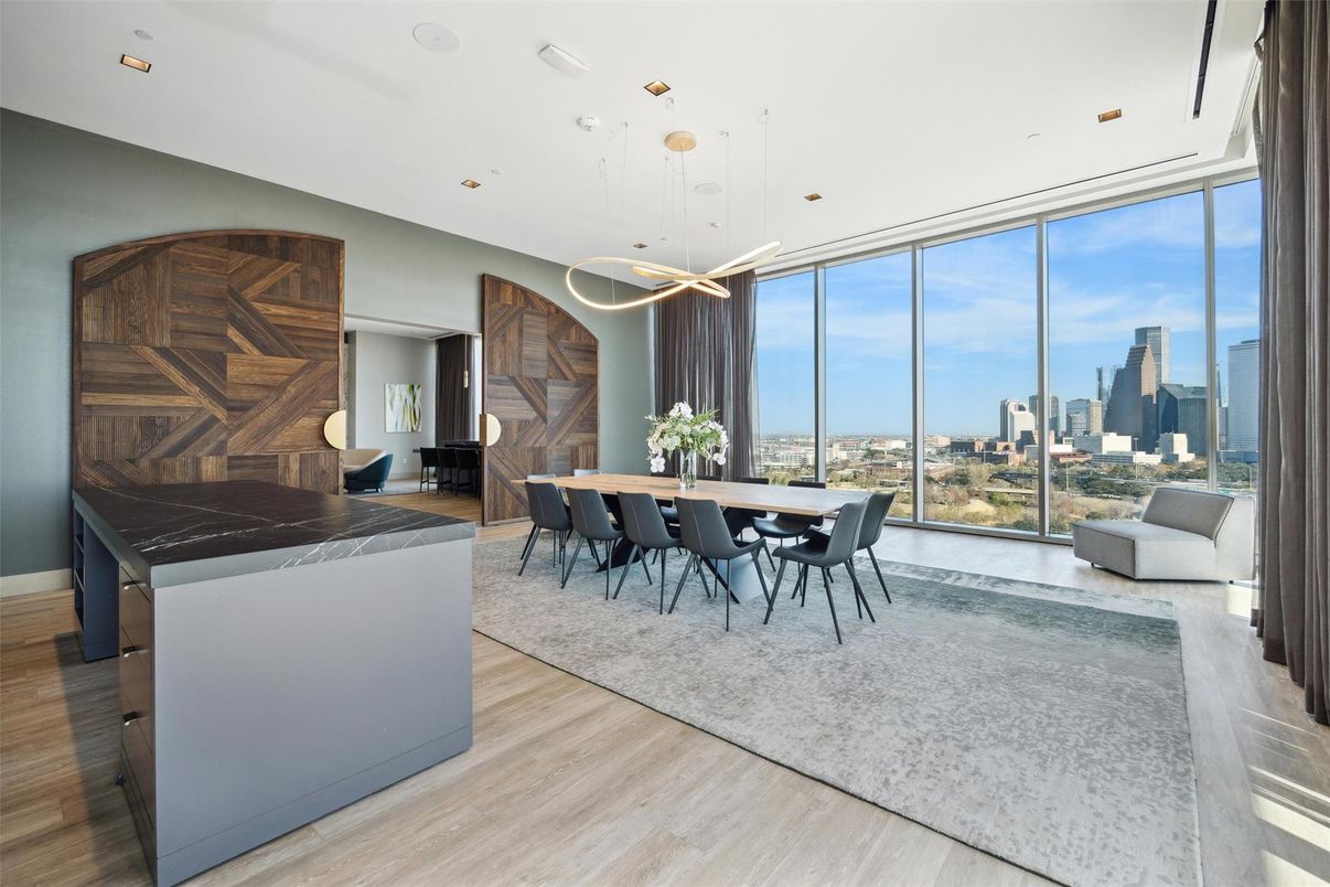 Dining room, Interior, Kitchen, Pendant Lights, Recessed Lighting, Water, Wood Texture Flooring
