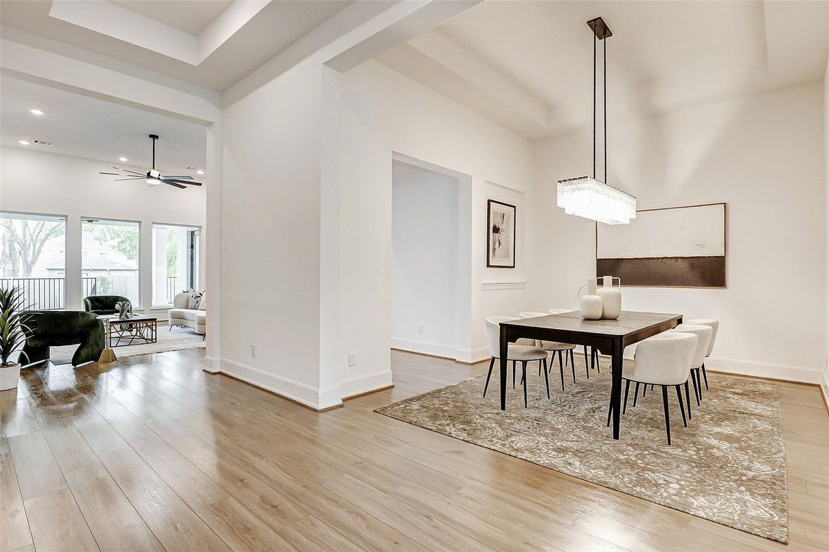 Chandelier, Dining room, Interior, Living room, Pendant Lights, Recessed Lighting, Wood Texture Flooring