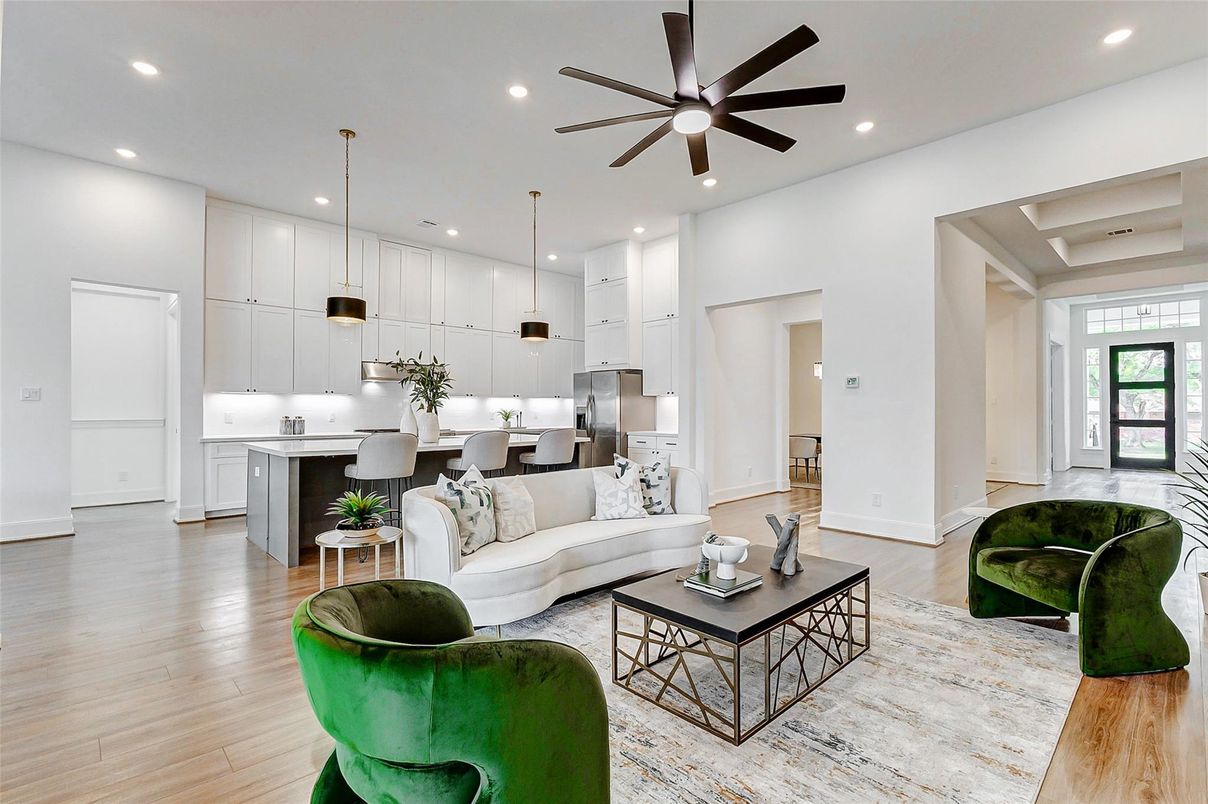 Interior, Kitchen, Living room, Pendant Lights, Recessed Lighting, Wood Texture Flooring