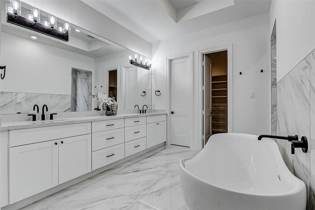 Bathroom, Dual Sink Vanities, Free Standing Baths, Interior, Marble, Marble Walls