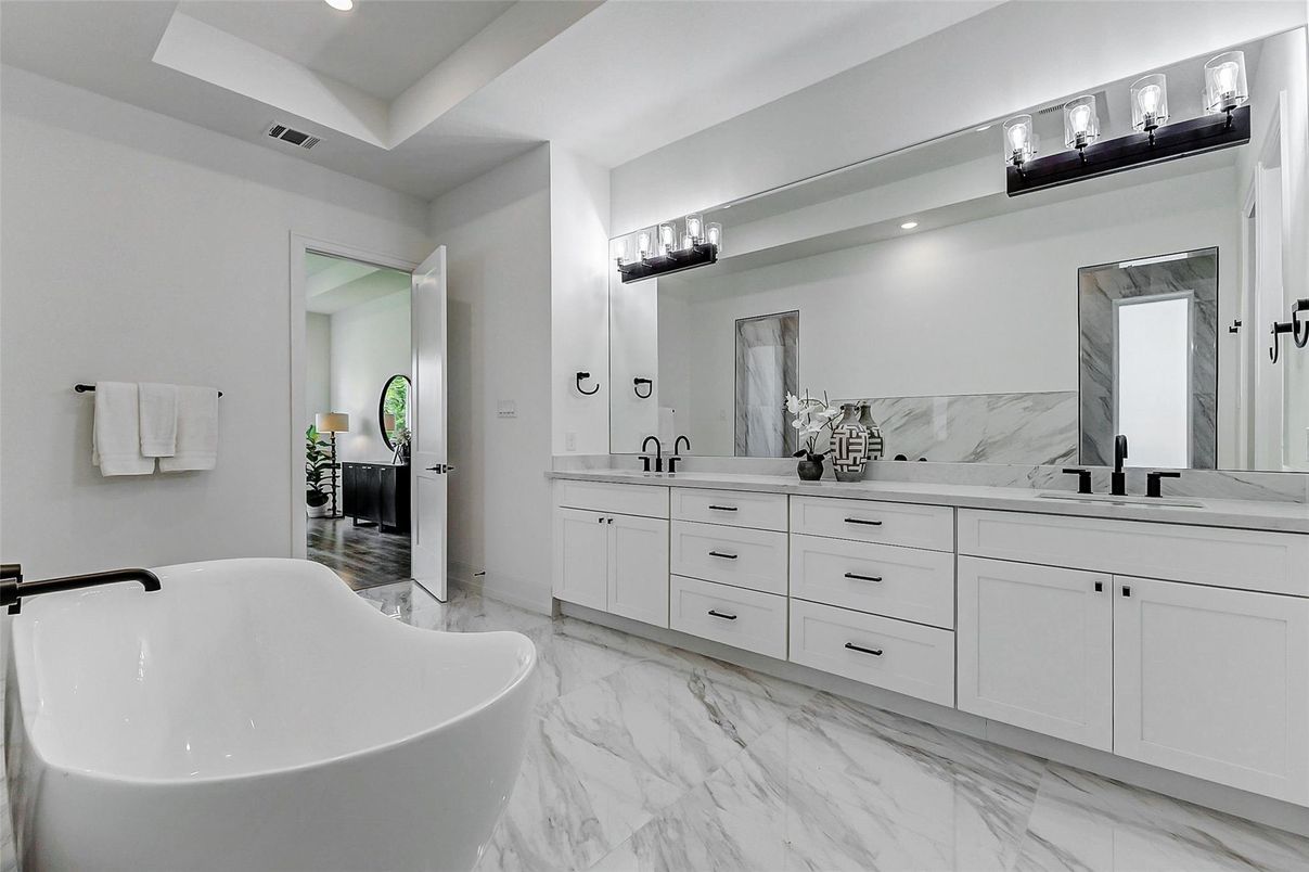 Bathroom, Dual Sink Vanities, Free Standing Baths, Interior, Marble, Marble Walls, Recessed Lighting