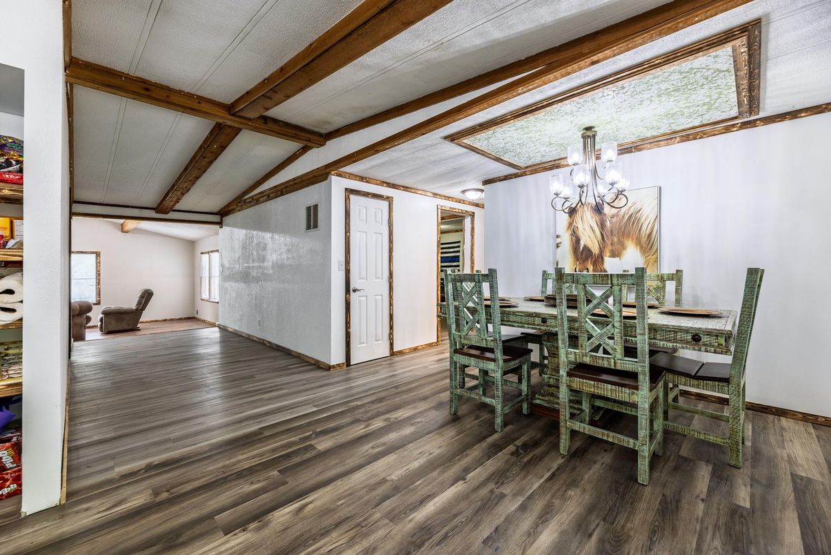 Chandelier, Dining room, Interior, Wooden Beams, Wood Texture Flooring