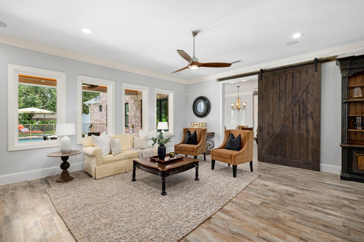 Chandelier, Interior, Living room, Recessed Lighting, Wood Texture Flooring