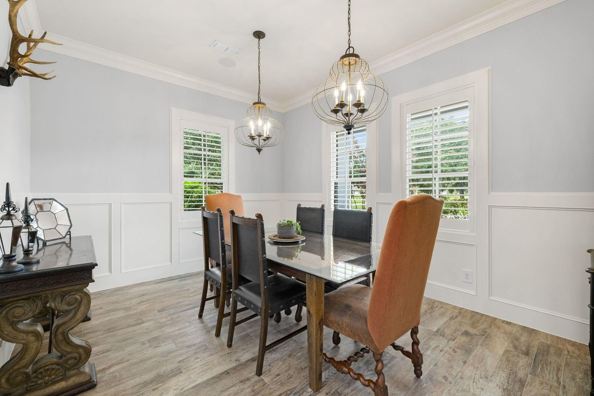 Dining room, Interior, Pendant Lights, Wood Texture Flooring