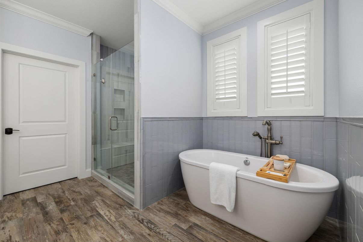 Bathroom, Free Standing Baths, Glass Shower, Interior, Wood Texture Flooring