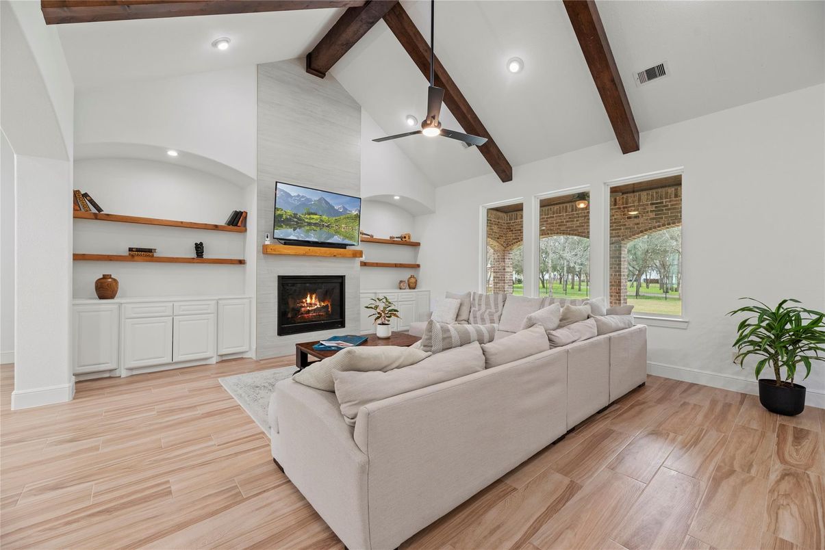 Fireplace, Interior, Living room, Recessed Lighting, Wooden Beams, Wood Texture Flooring