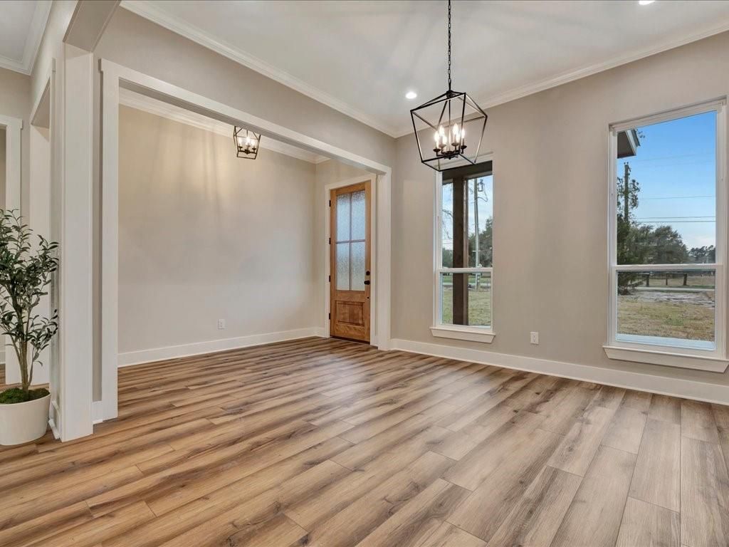 Empty room, Interior, Pendant Lights, Recessed Lighting, Wood Texture Flooring