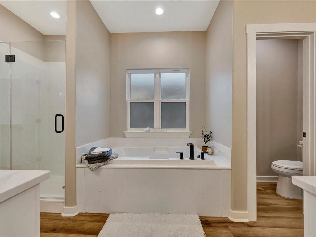 Bathroom, Glass Shower, Interior, Recessed Lighting, Wood Texture Flooring