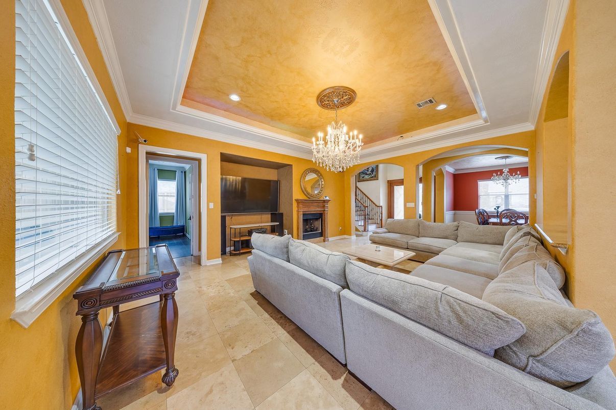 Chandelier, Fireplace, Interior, Living room, Recessed Lighting