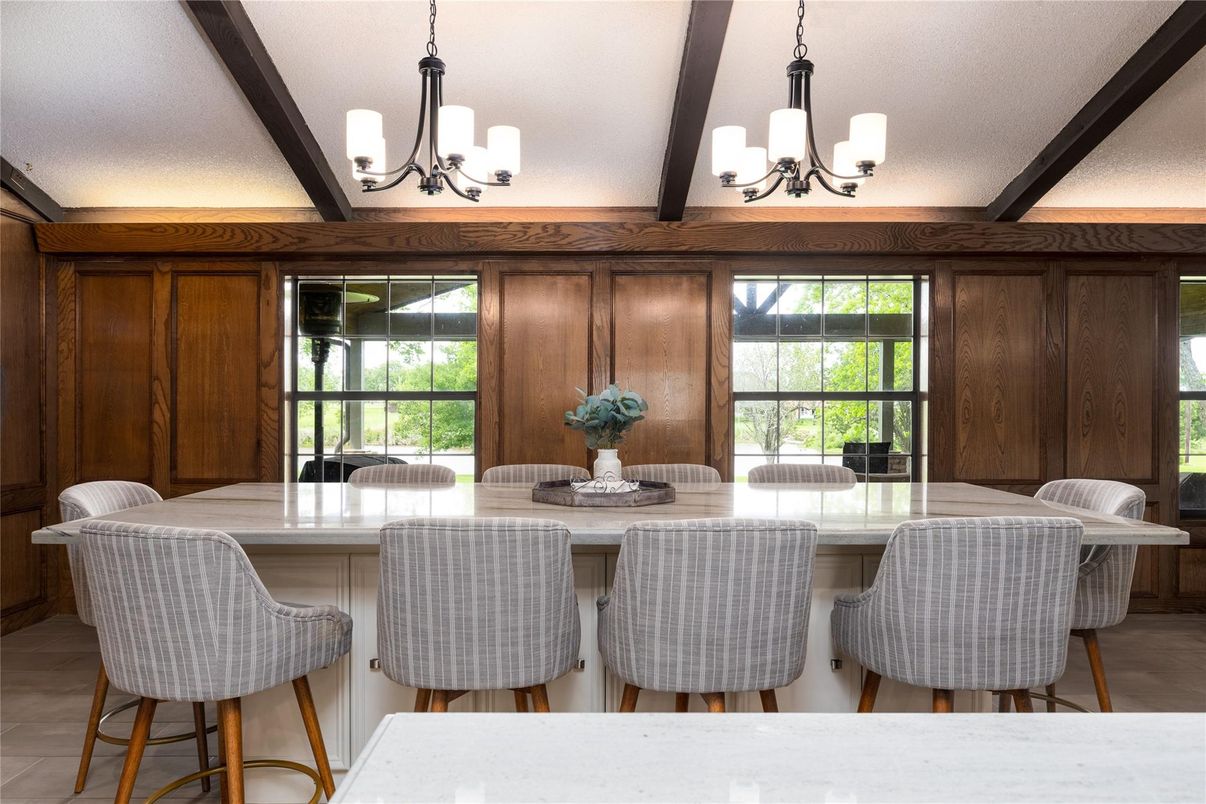 Chandelier, Dining room, Interior, Wooden Beams