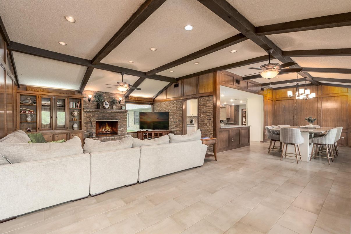 Dining room, Fireplace, Interior, Living room, Recessed Lighting, Stone Walls, Wooden Beams, Wooden Walls
