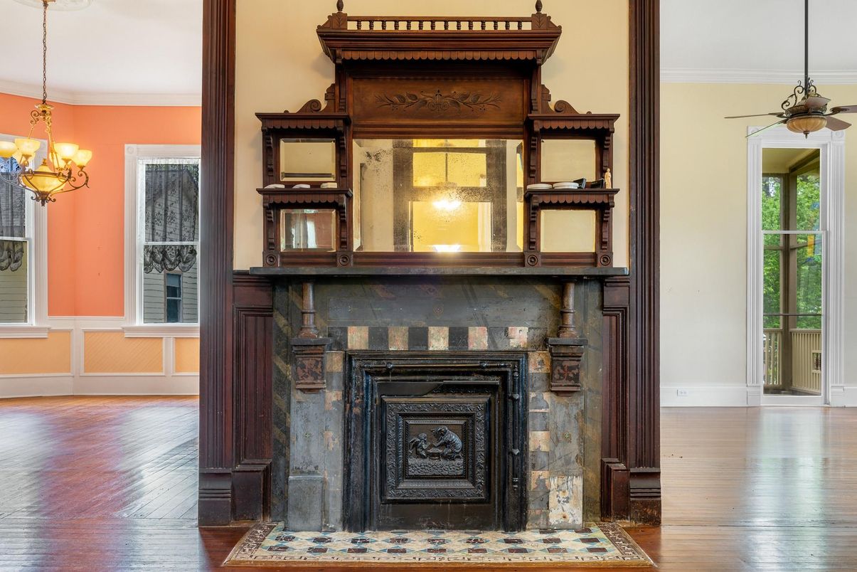 Chandelier, Fireplace, Interior, Wood Texture Flooring