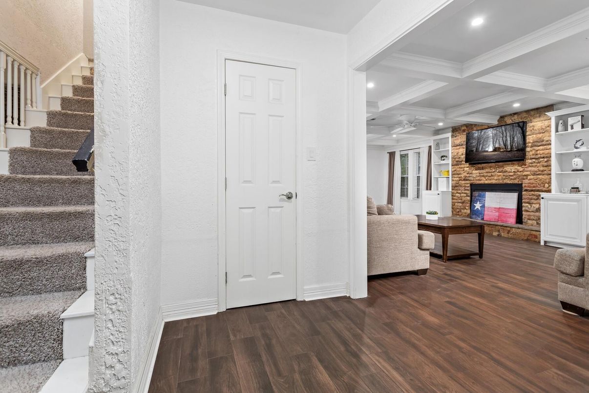 Fireplace, Interior, Recessed Lighting, Stone Walls, Wood Texture Flooring