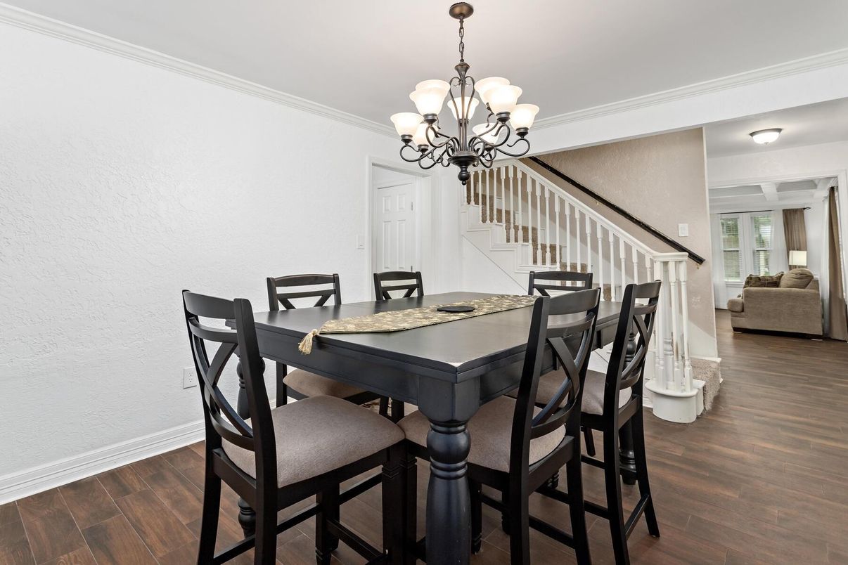 Chandelier, Dining room, Interior, Wood Texture Flooring