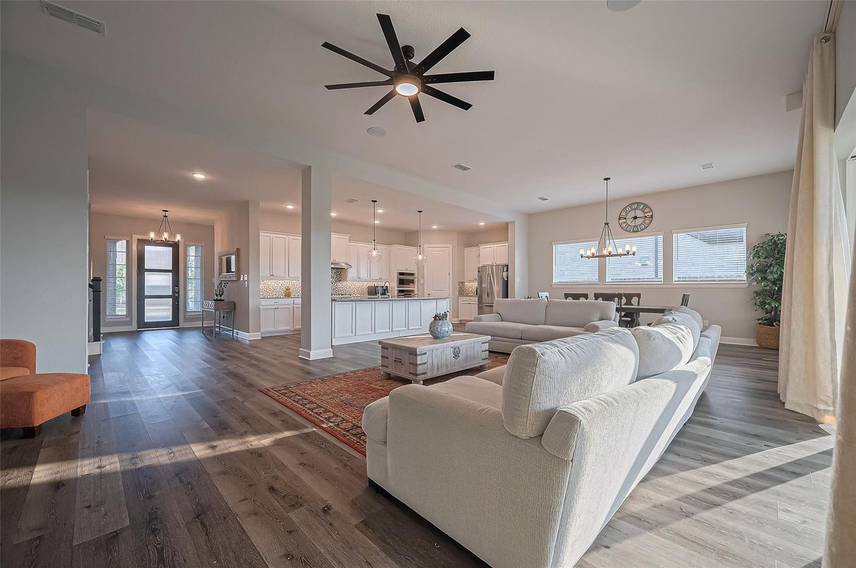 Dining room, Interior, Kitchen, Living room, Pendant Lights, Recessed Lighting, Wood Texture Flooring