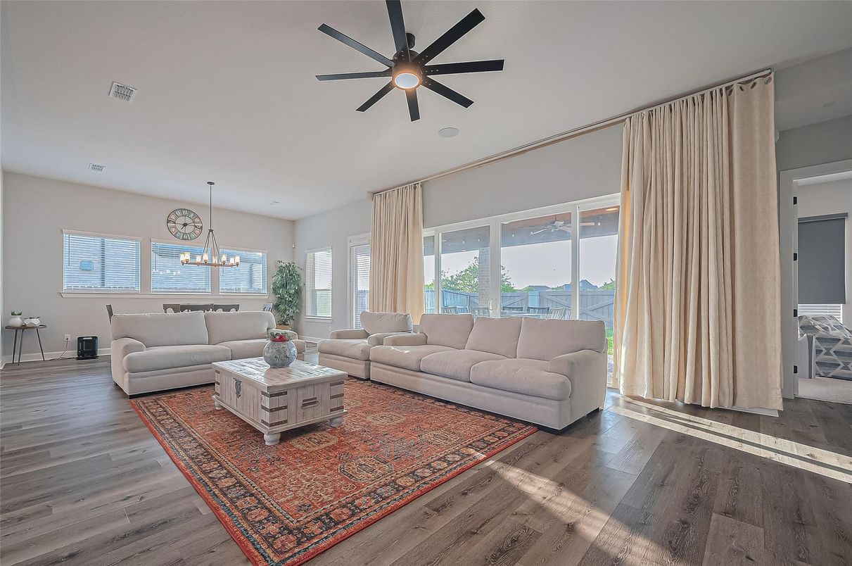 Dining room, Interior, Living room, Pendant Lights, Wood Texture Flooring