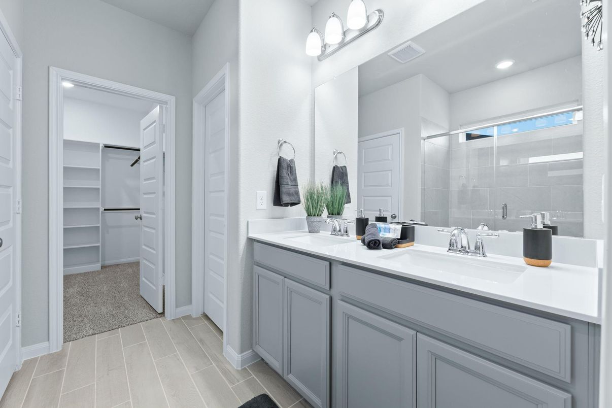 Bathroom, Dual Sink Vanities, Interior, Recessed Lighting, Walk-in Closets, Wood Texture Flooring