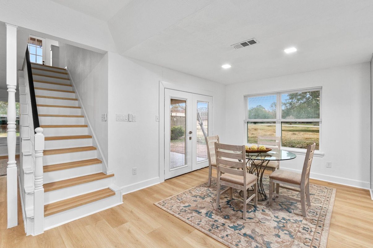 Dining room, Interior, Recessed Lighting, Wood Texture Flooring