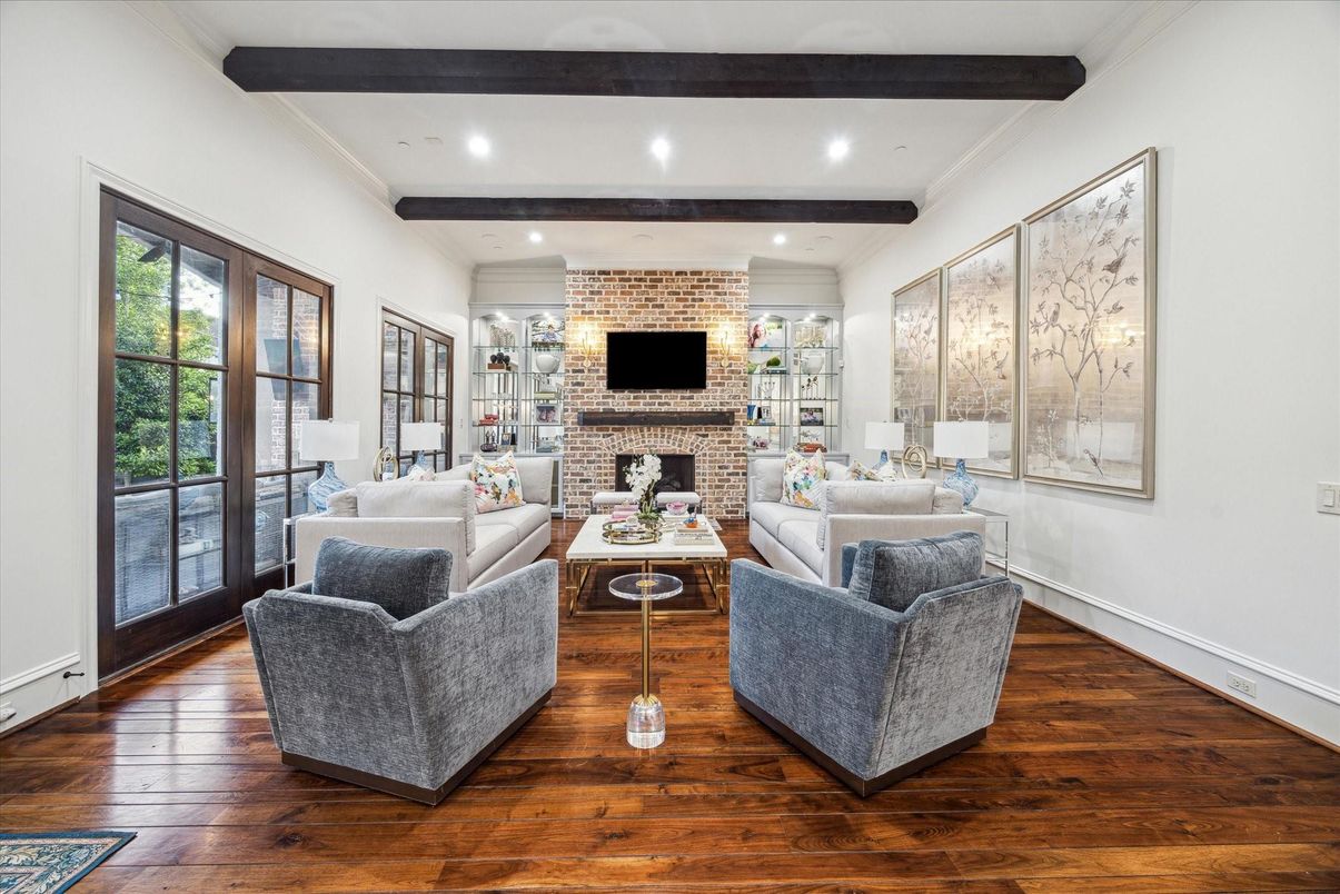 Fireplace, Interior, Living room, Recessed Lighting, Stone Walls, Wooden Beams, Wood Texture Flooring