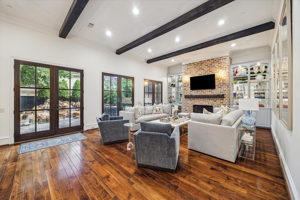Fireplace, Interior, Living room, Recessed Lighting, Stone Walls, Wooden Beams, Wood Texture Flooring
