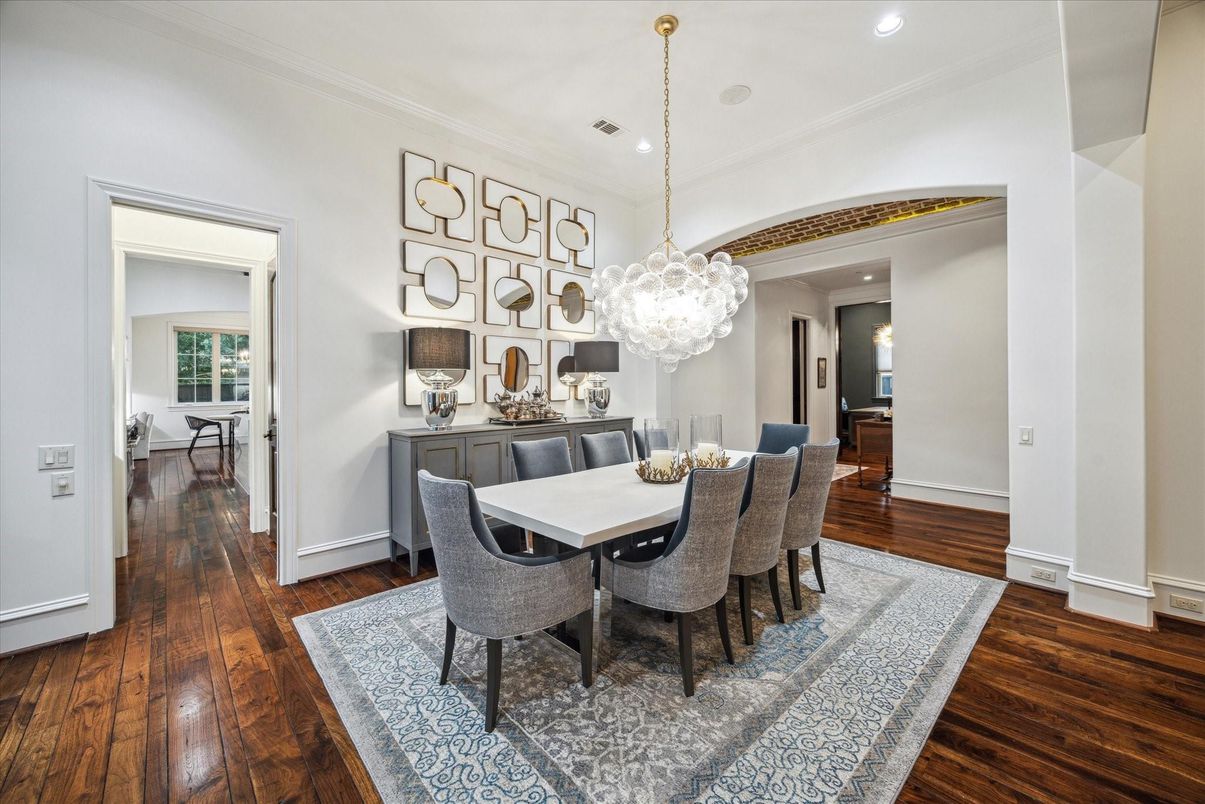 Dining room, Interior, Pendant Lights, Recessed Lighting, Wood Texture Flooring