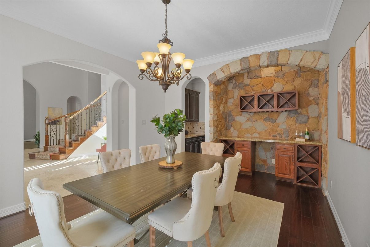 Chandelier, Dining room, Interior, Stone Walls, Wood Texture Flooring