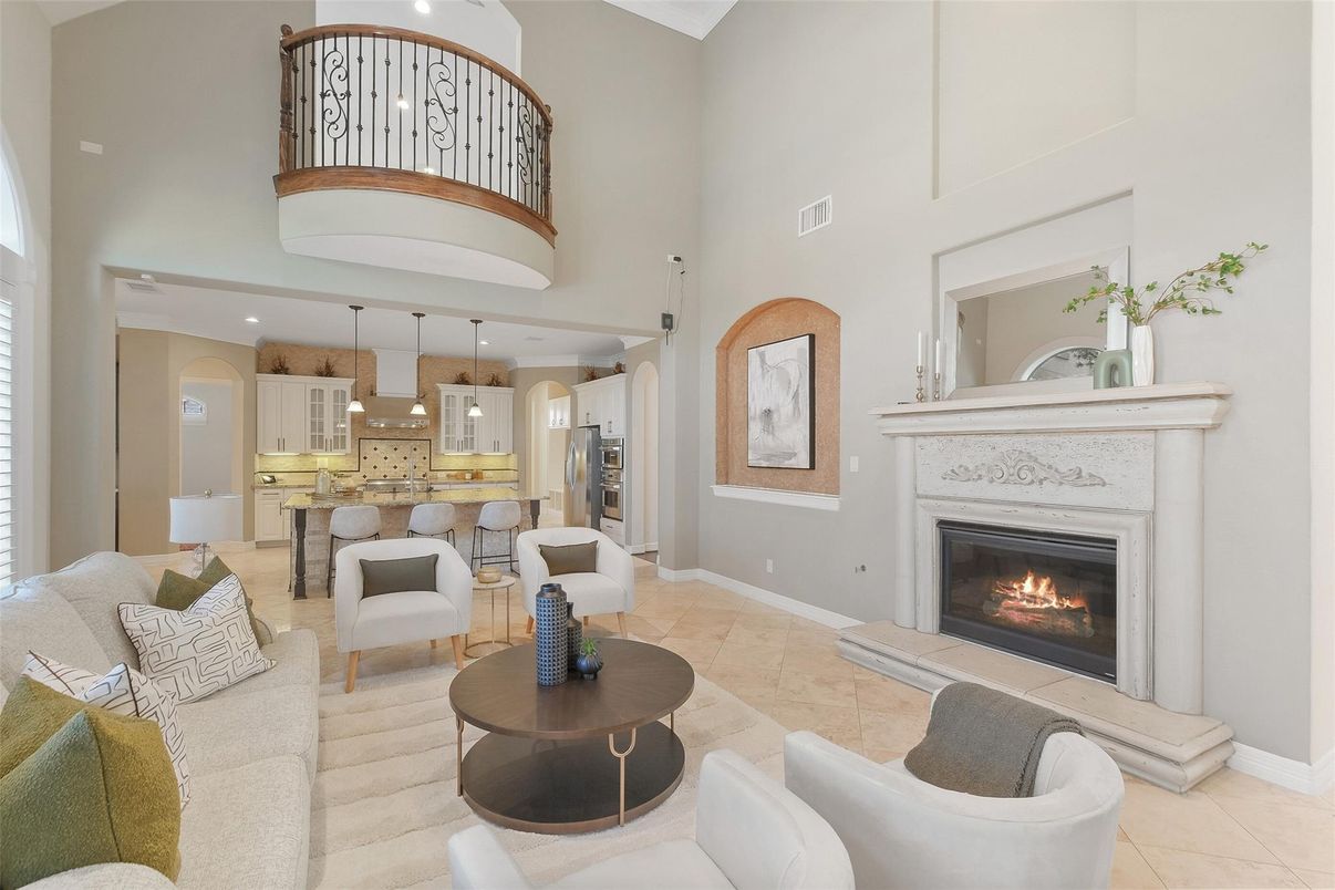 Fireplace, Interior, Kitchen, Living room, Pendant Lights, Recessed Lighting