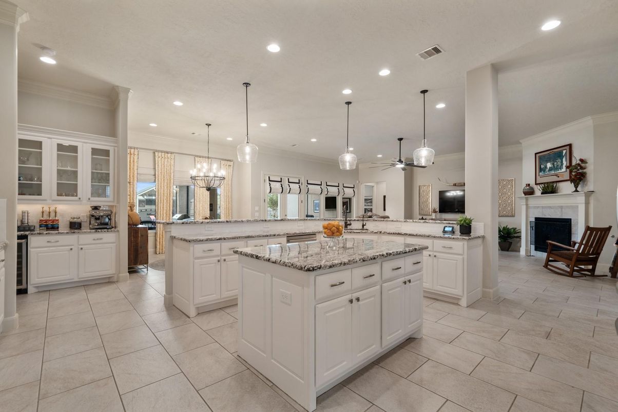 Chandelier, Fireplace, Interior, Kitchen, Pendant Lights, Recessed Lighting