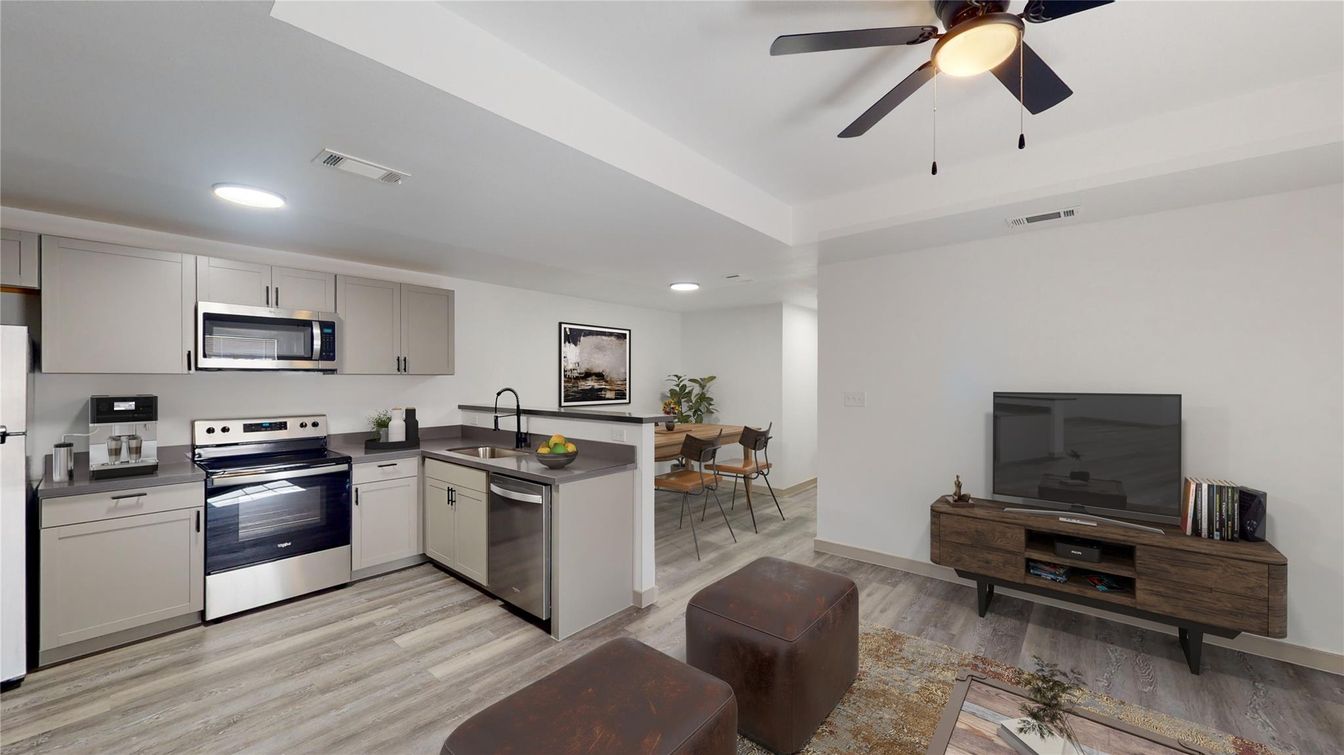 Dining room, Interior, Kitchen, Recessed Lighting, Stainless Steel Appliances, Wood Texture Flooring