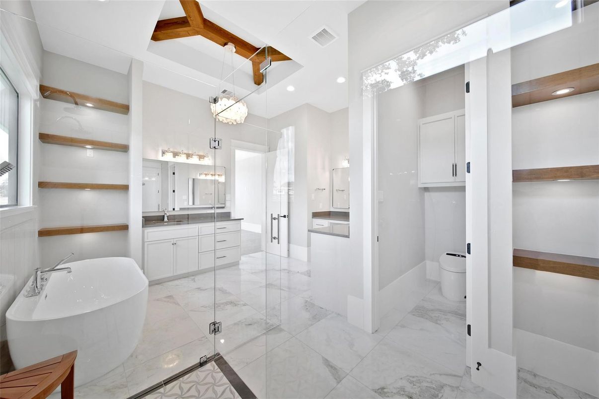 Bathroom, Free Standing Baths, Glass Shower, Interior, Marble, Pendant Lights, Recessed Lighting, Wooden Beams