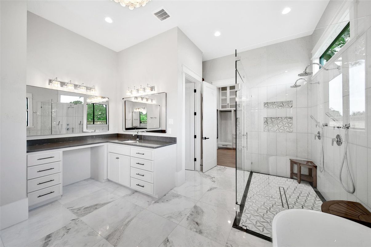 Bathroom, Glass Shower, Interior, Marble, Recessed Lighting