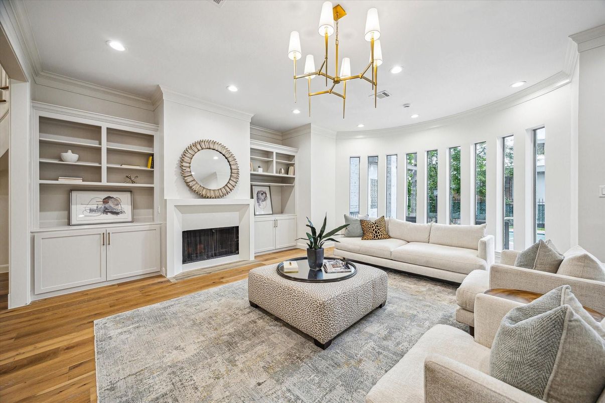 Chandelier, Fireplace, Interior, Living room, Recessed Lighting, Wood Texture Flooring