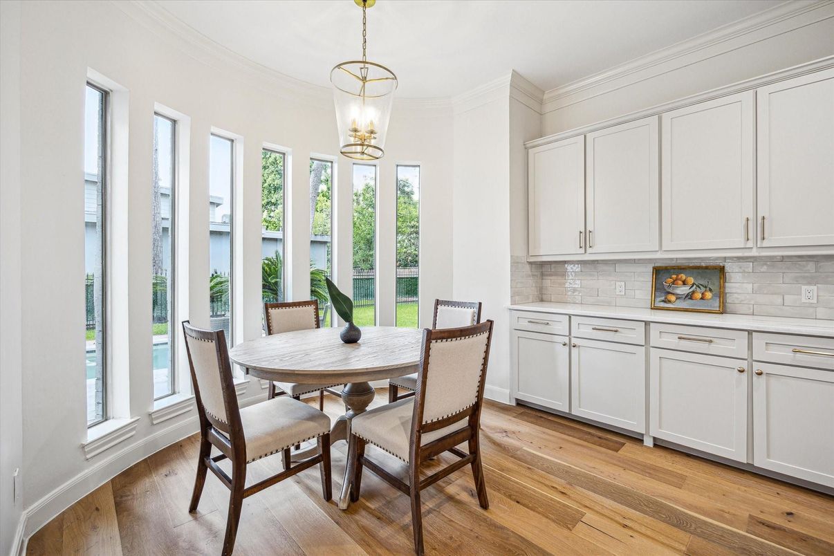 Dining room, Interior, Pendant Lights, Wood Texture Flooring