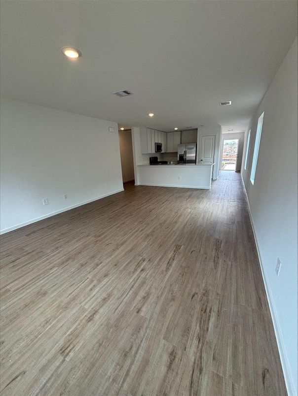 Empty room, Interior, Kitchen, Recessed Lighting, Wood Texture Flooring