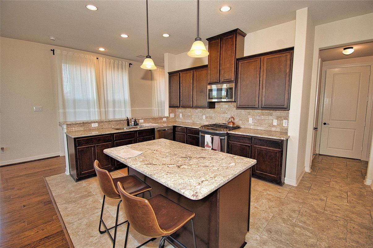 Interior, Kitchen, Pendant Lights, Recessed Lighting, Wood Texture Flooring