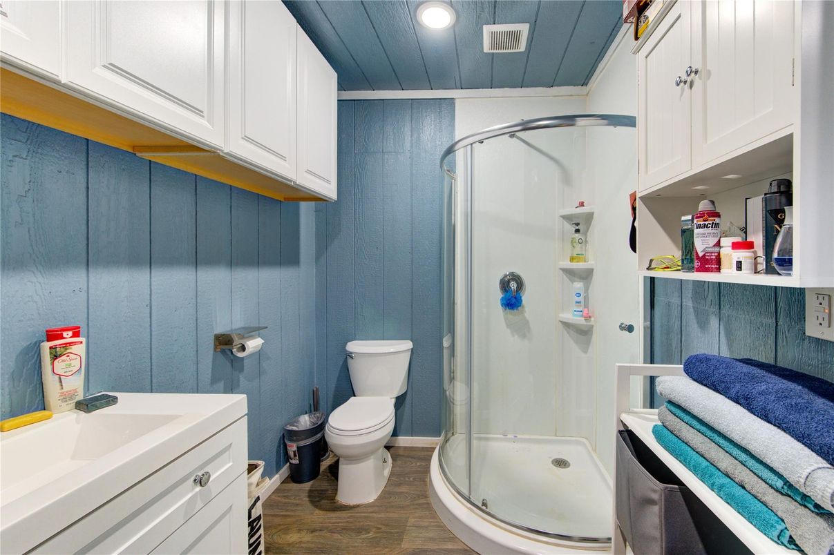 Bathroom, Glass Shower, Interior, Recessed Lighting, Wood Texture Flooring