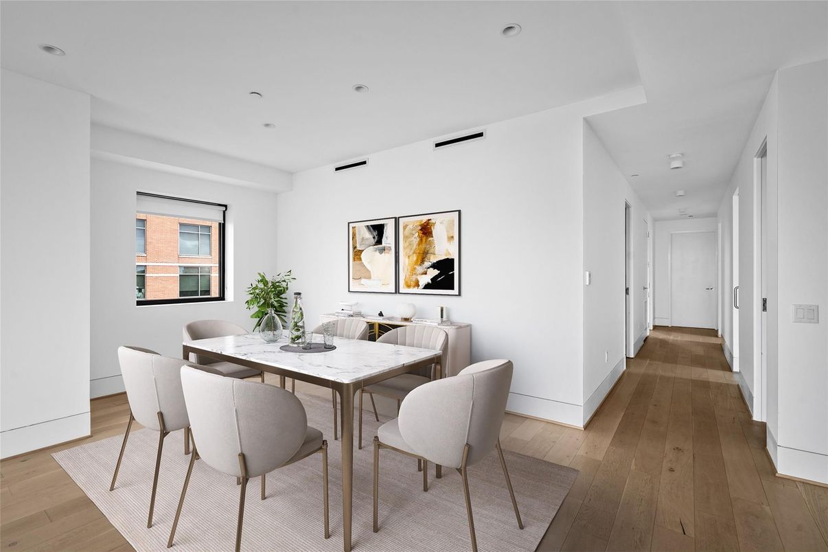 Dining room, Interior, Recessed Lighting, Wood Texture Flooring