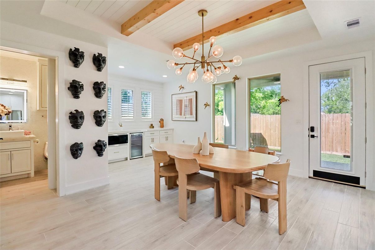 Dining room, Interior, Pendant Lights, Recessed Lighting, Wooden Beams, Wood Texture Flooring