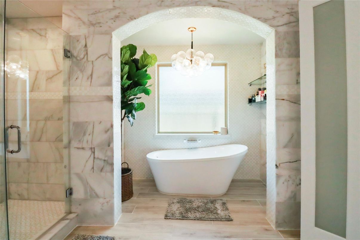 Bathroom, Free Standing Baths, Glass Shower, Interior, Marble Walls, Wood Texture Flooring