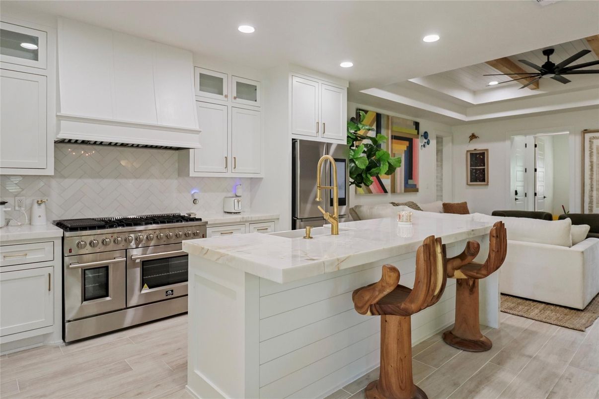 Interior, Kitchen, Living room, Recessed Lighting, Stainless Steel Appliances, Wood Texture Flooring