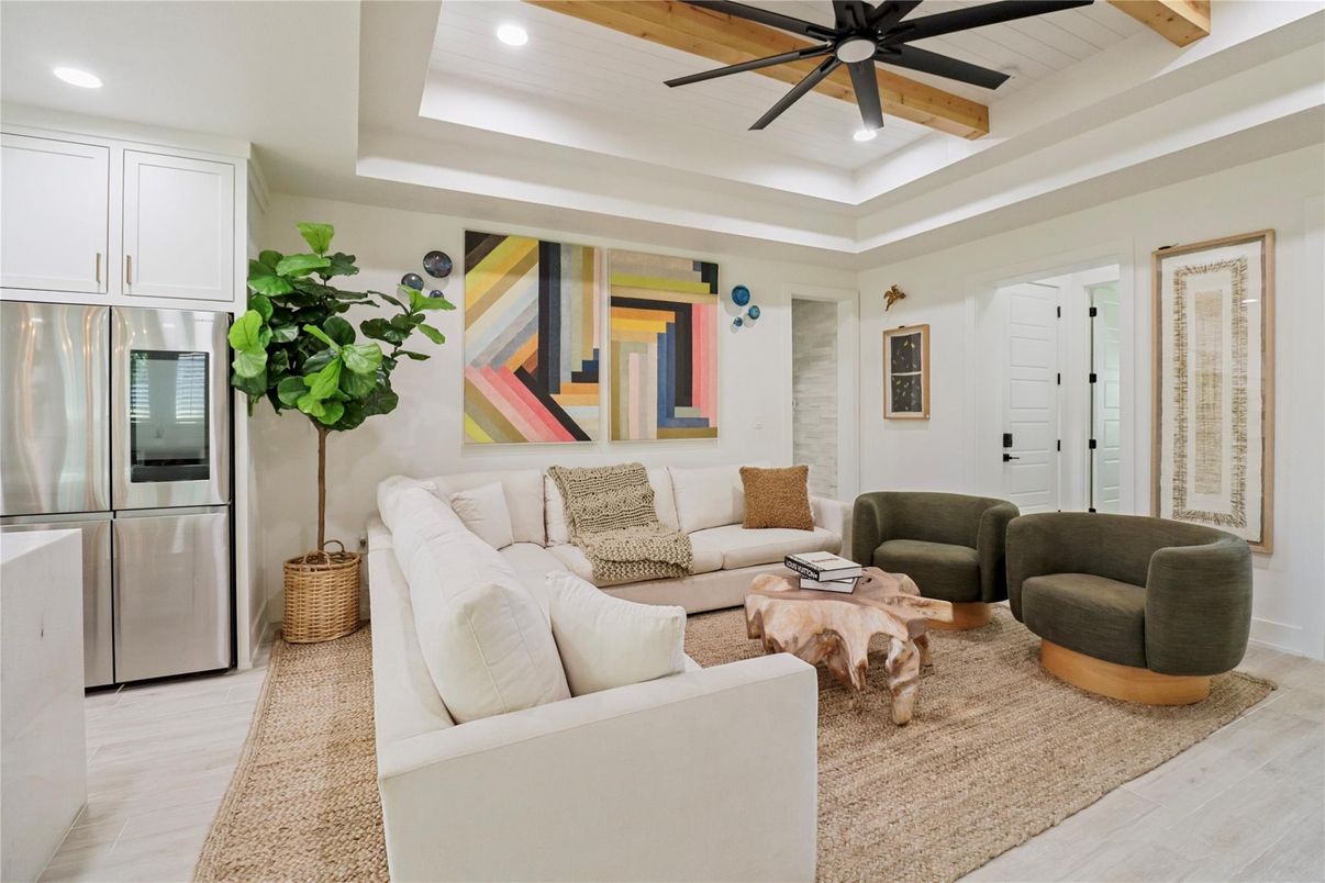 Interior, Kitchen, Living room, Recessed Lighting, Stainless Steel Appliances, Wooden Beams, Wood Texture Flooring