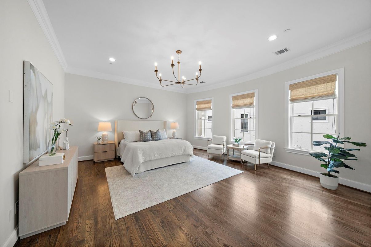 Bedroom, Chandelier, Interior, Recessed Lighting, Wood Texture Flooring