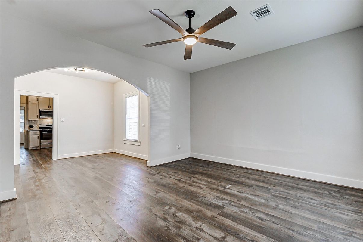Empty room, Interior, Kitchen, Stainless Steel Appliances, Wood Texture Flooring