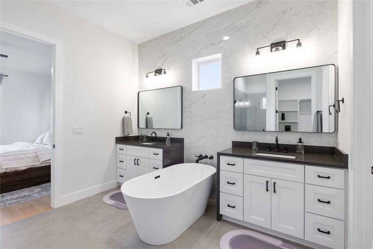 Bathroom, Bedroom, Dual Sink Vanities, Free Standing Baths, Interior, Wood Texture Flooring