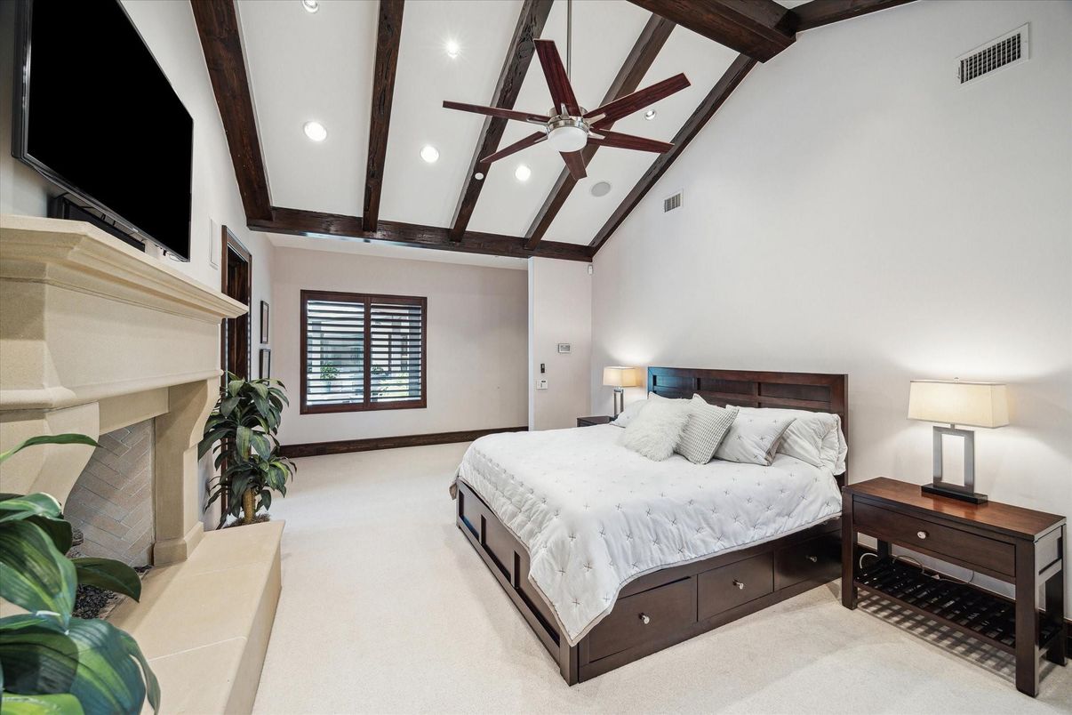 Bedroom, Fireplace, Interior, Recessed Lighting, Wooden Beams